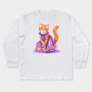 Ginger cat wearing purple dress for Halloween Kids Long Sleeve T-Shirt